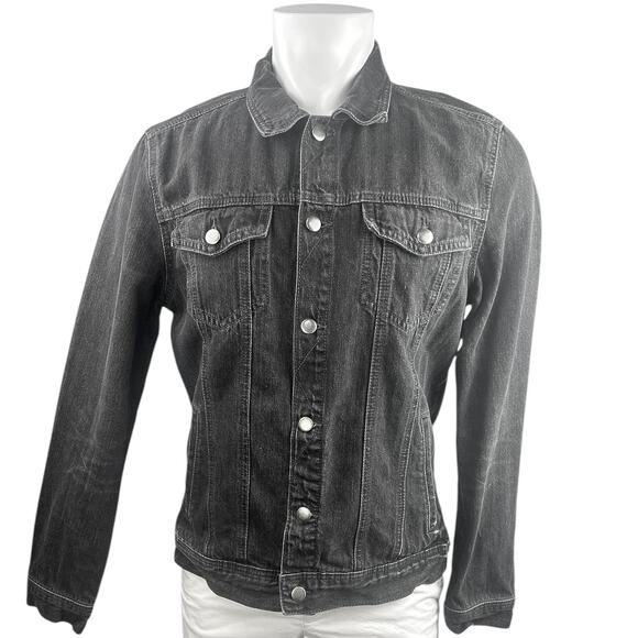 21 Men Men's Black Long Sleeve Button Up Collared Denim Jean Shirt Coat Jacket L - Picture 1 of 3